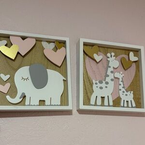 Elephant and Giraffe Heart Wall Decor Set - Pink, Gold, Gray